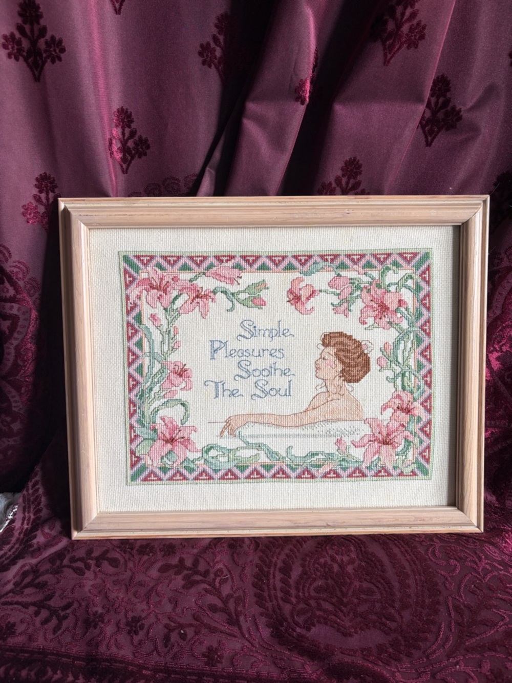 Handmade Framed Cross Stitch Floral Bathtub Scene - Pink & Green